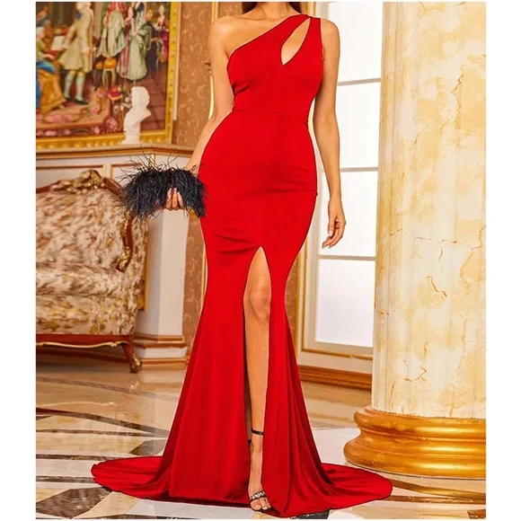 Luxe One Shoulder Mermaid Hem Formal Evening Holiday Dress | Color: Red | Size: XL | Bellanblue's Closet